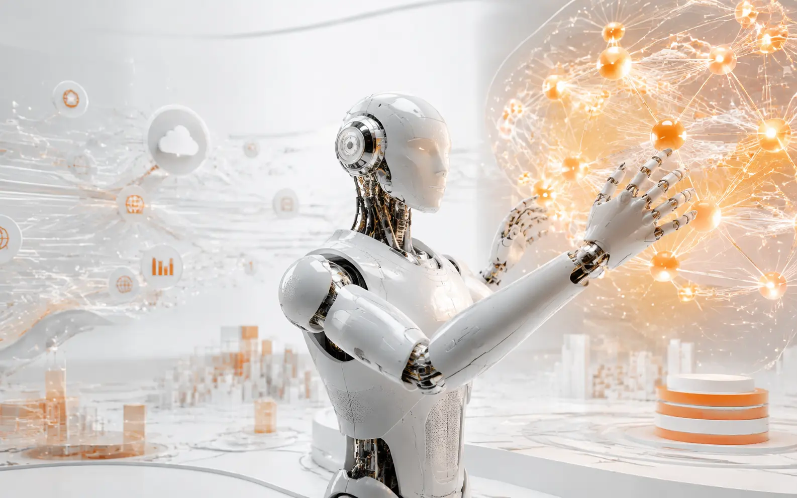 Advanced white robot interacting with an orange enterprise neural network