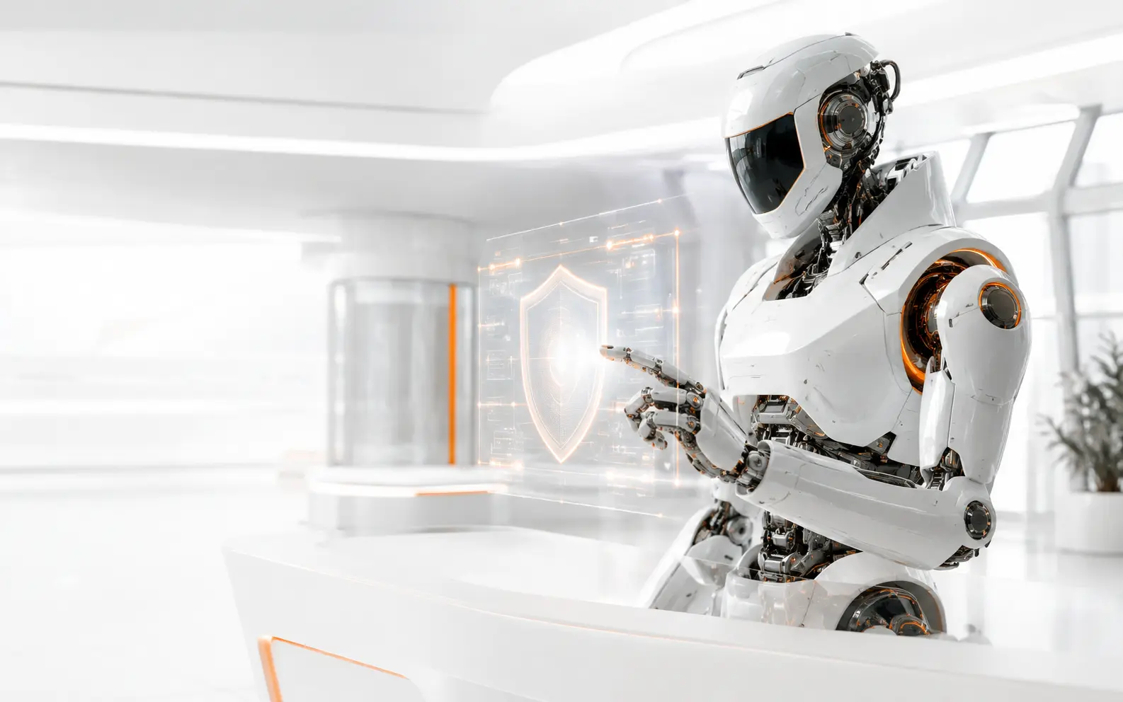 White robotic security guardian with an abstract orange shield interface