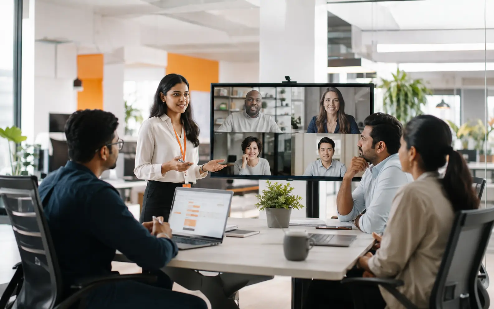 Global technology team collaborating in a bright modern environment